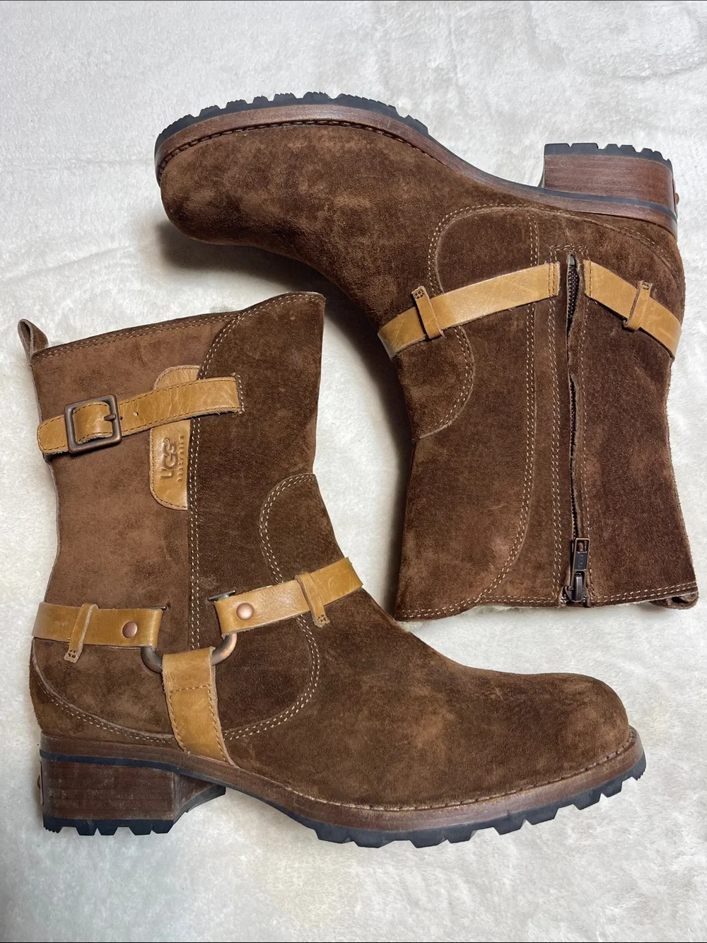 UGG Endell Brown Suede Harness Biker Booties with Tan Strap Accents Size 8.5